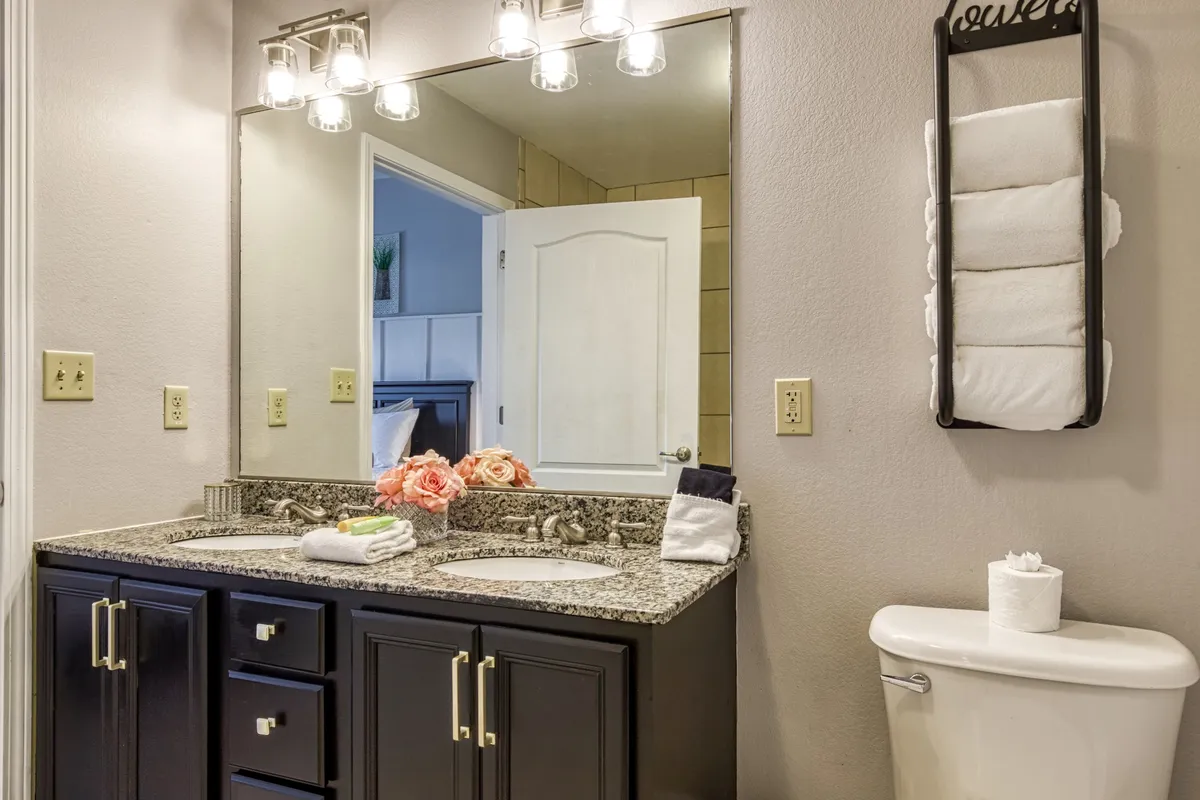 A modern bathroom featuring a granite countertop with double sinks, a wide mirror, fresh towels, and a flower arrangement. The space is orderly and spa-like, fostering a sense of tranquility and self-care.