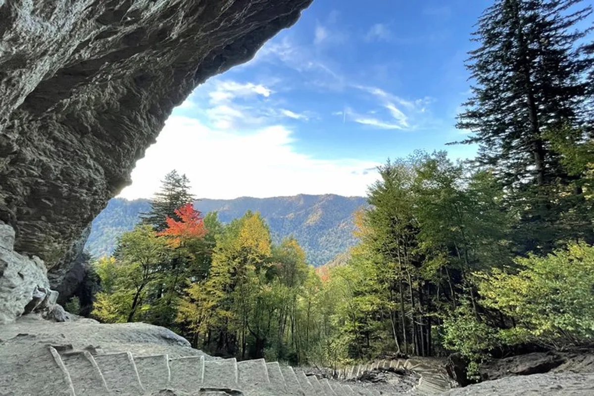 This scenic image showcases a dramatic rock formation, lush greenery, and a backdrop of distant mountains under a blue sky—evoking the adventures awaiting in the Smokies.