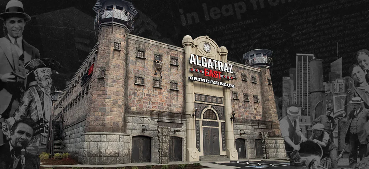 A dynamic street view of the Alcatraz East Crime Museum, complete with bold signage and distinctive architecture, inviting groups to experience one of Pigeon Forge’s unique attractions.