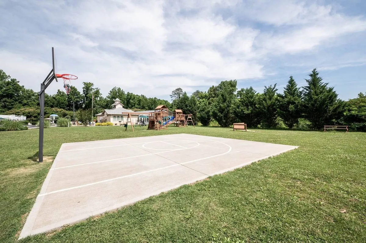 This vibrant scene shows a green lawn with a basketball hoop, playground equipment, and benches. Guests can be seen playing basketball while children enjoy the playground, all set in a lively, communal atmosphere.